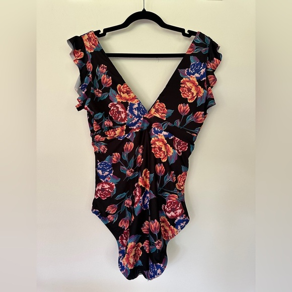 ModCloth | Ruffle Sleeves Multicolored Floral Print One Piece Swimsuit - Picture 4 of 7